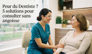 Une dentiste rassurante à Maisons-Laffitte sourit à une patiente anxieuse pour l'aider à vaincre sa peur du dentiste.